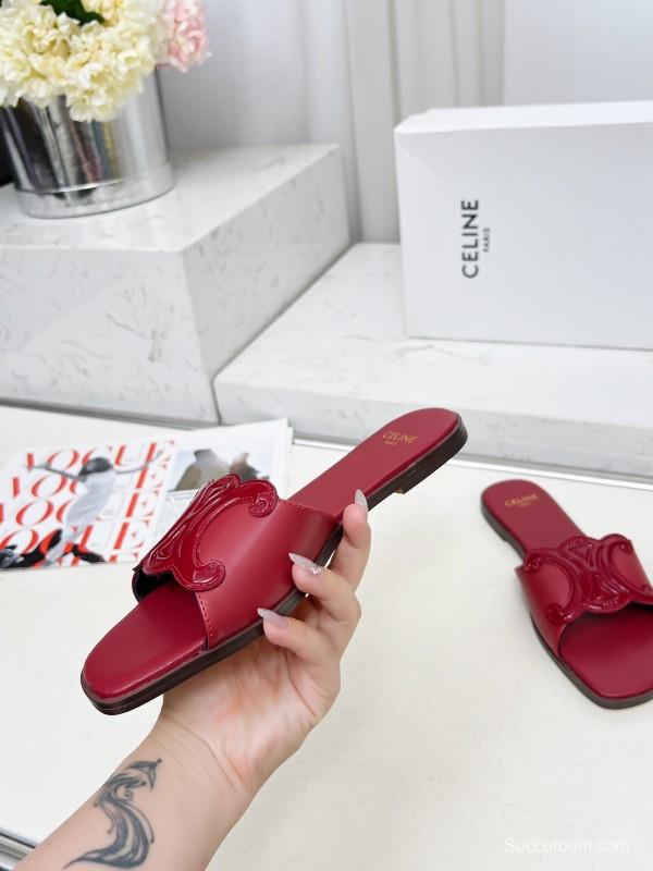 2025 Women CELINE Red Leather Slippers