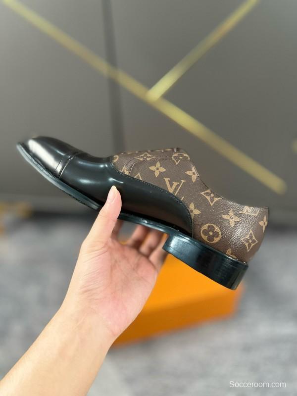 2024 Men Louis Vuitton Brown Black Leather Canvas Oxford MJ00380