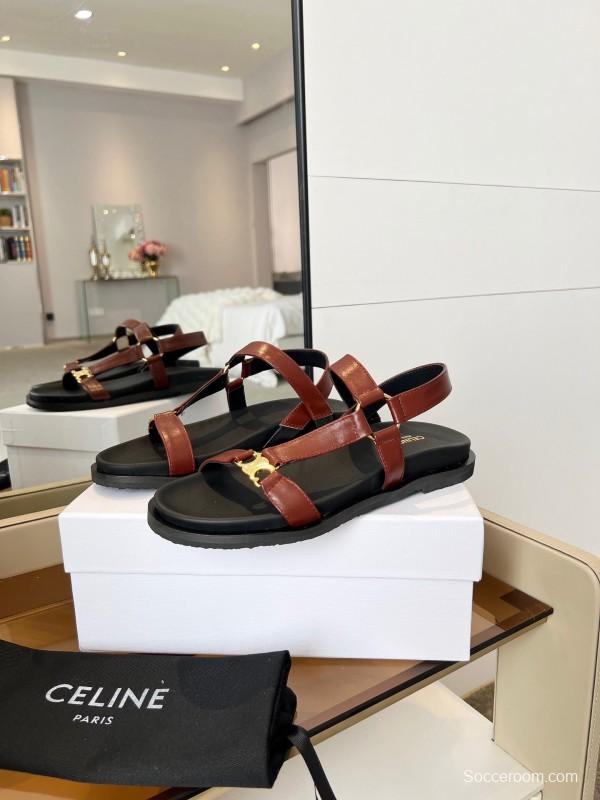 2025 Women Celine Brown Leather Flat Rome Sandals LY00220