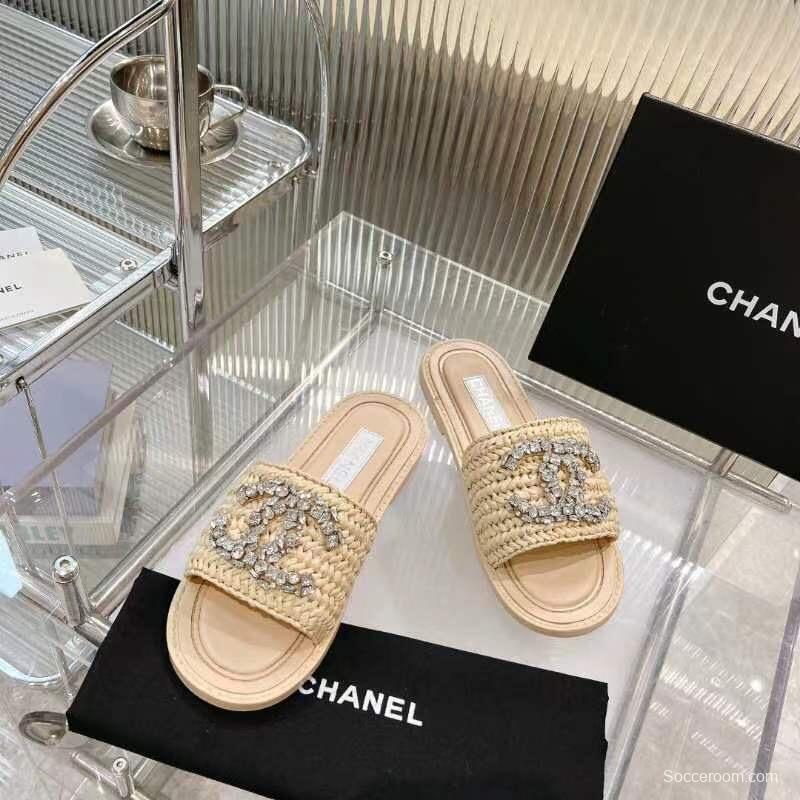 2025 Women Chanel Beige Raffia Crystal Slippers LY00270