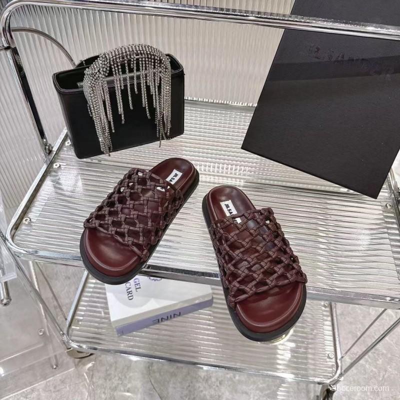 2025 Women Jil Sander Brown Leather Woven Slippers