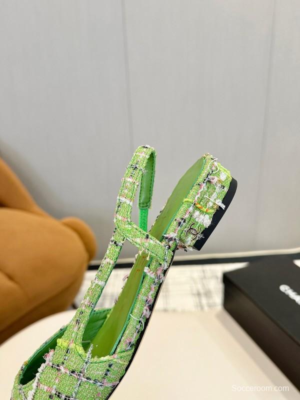 2025 Women Chanel Green Black Tweed Leather Slingback Flats LY00240