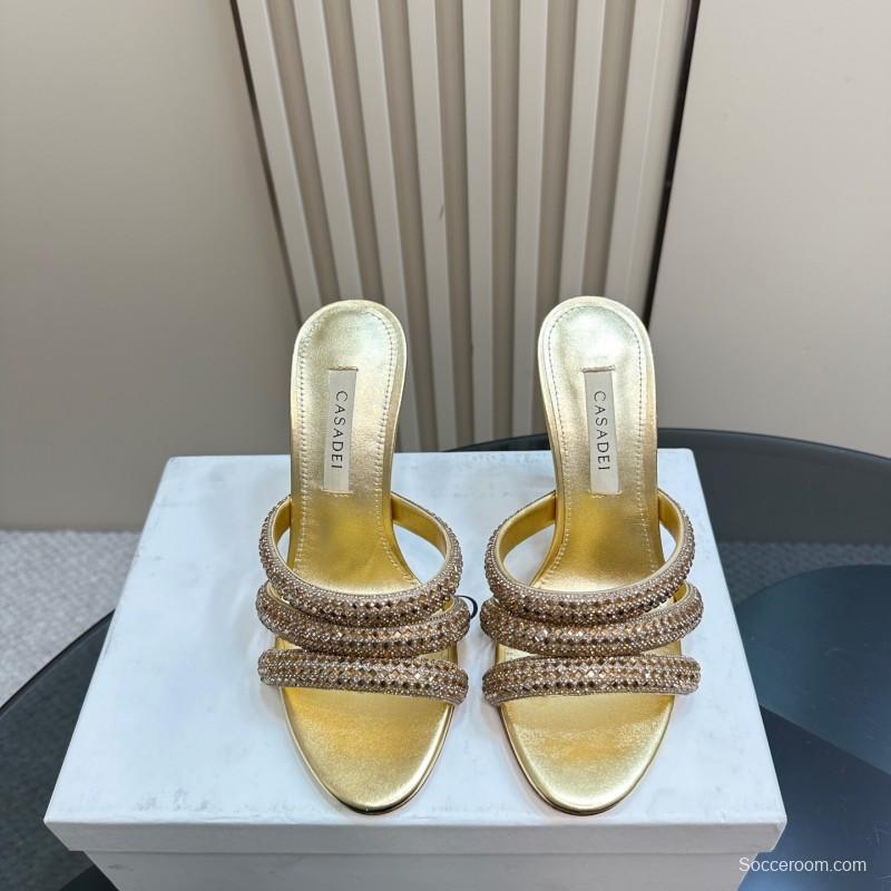 2025 Women Casadei Gold Glitter Leather High Heel Sandals