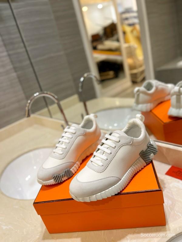 2024 Unisex Hermès White Cream Imported Silky Goat Suede Nylon Sneakers MJ00320