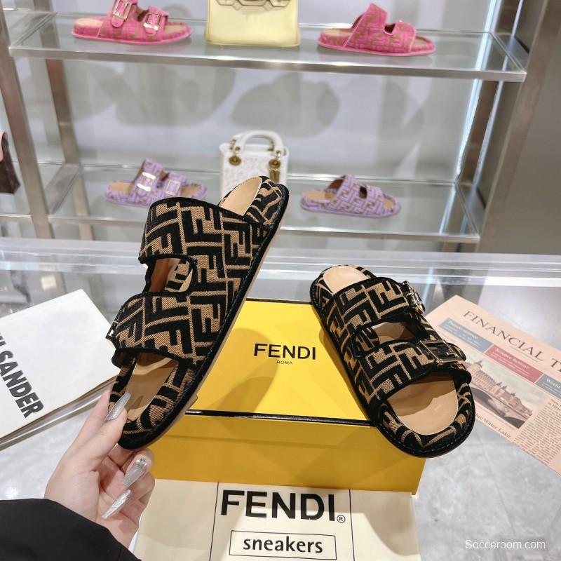 2025 Fendi Black Beige Fabric Slippers FF Buckle KFY00250