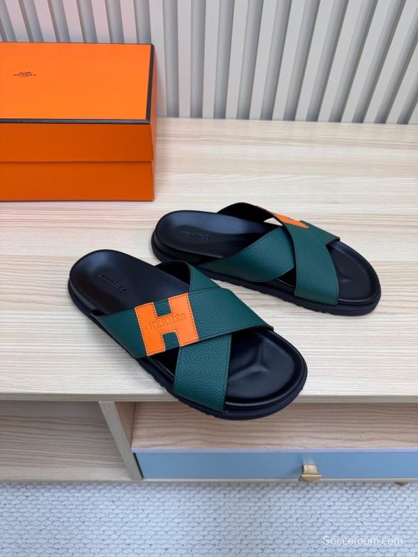 2025 Slippers Hermès Green Orange Leather