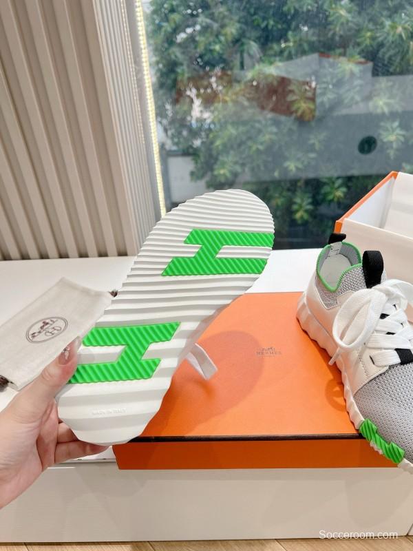 2024 Unisex Hermès White Green Calfskin Suede Sneakers MJ00290