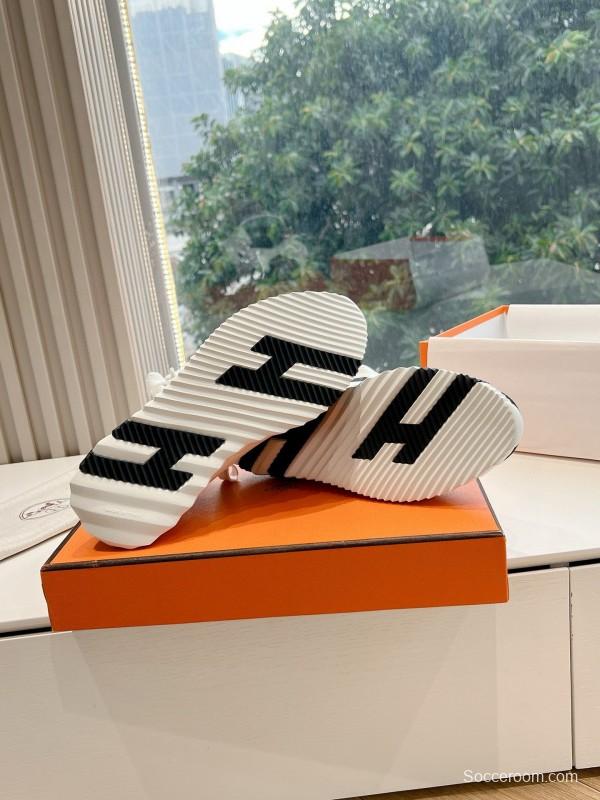 2024 Unisex Hermès Black White Orange Calf Leather Suede Knit Sneakers MJ00290