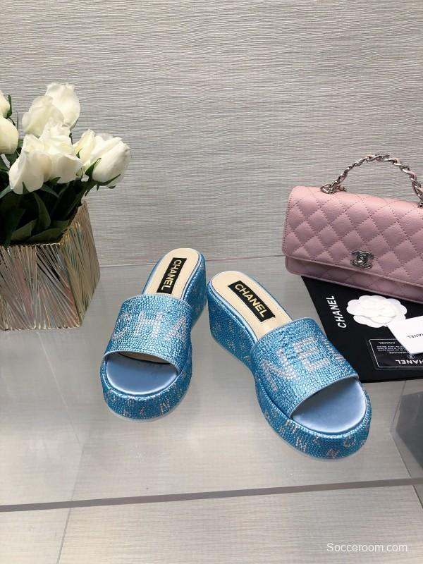 2025 Women Chanel Blue Fabric Platform Slippers LY00320