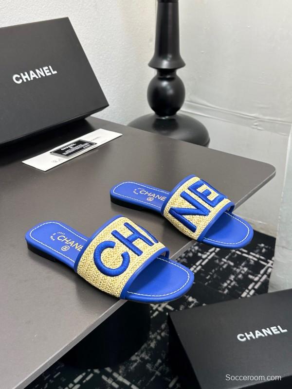 2025 Women CHANEL Blue Beige Canvas Slippers