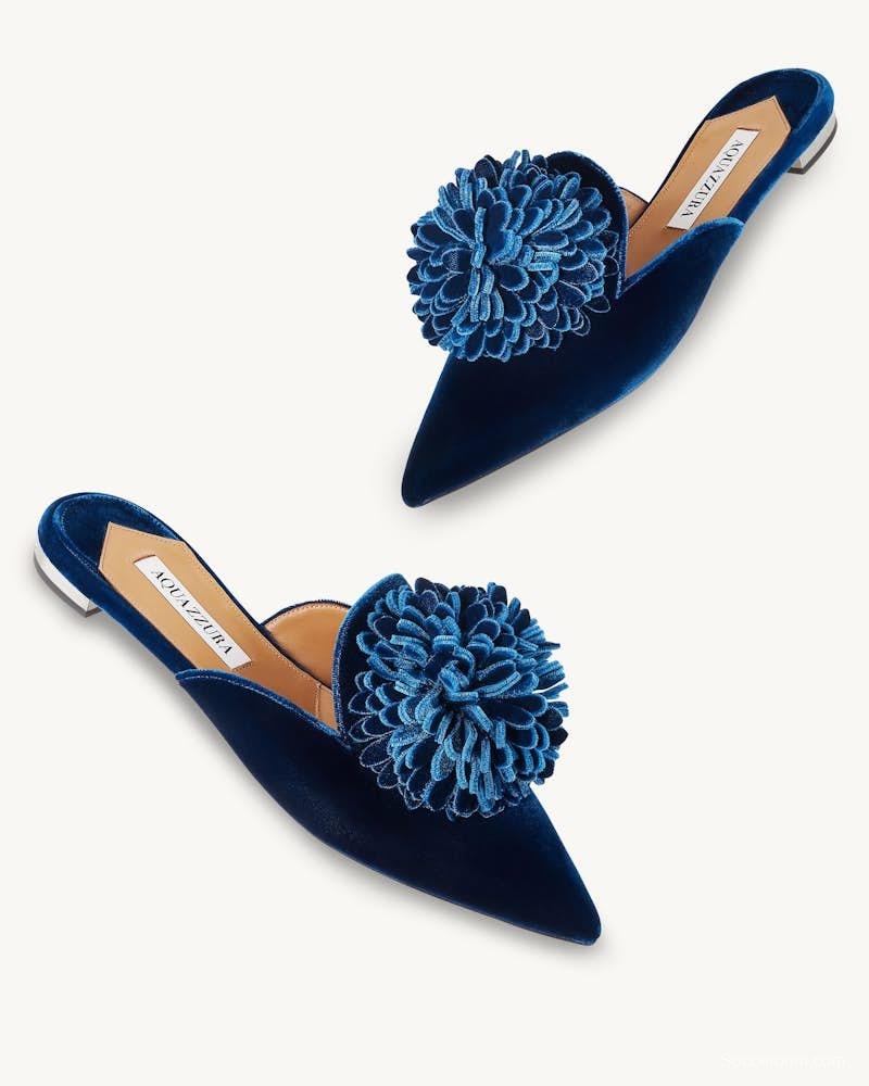 2025 Women Aquazzura Blue Velvet Slippers
