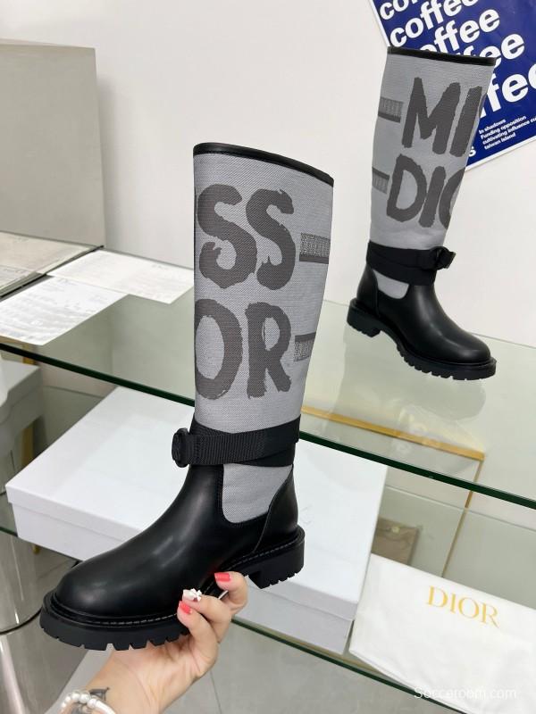 2024 Women Dior Black Grey Leather Fabric Knee High Boots