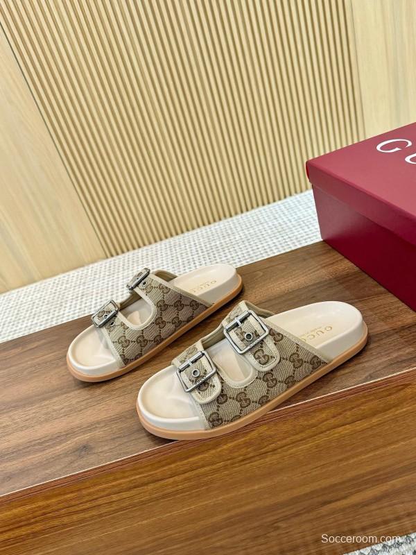 2025 Women Gucci Beige Canvas Leather Slippers LY00360