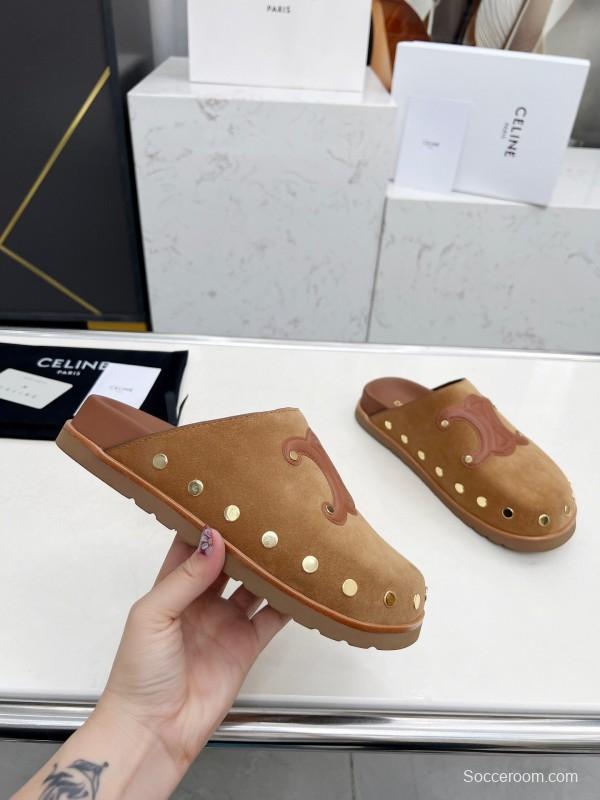 2025 Slippers Celine Brown Suede Leather Slippers LY00240
