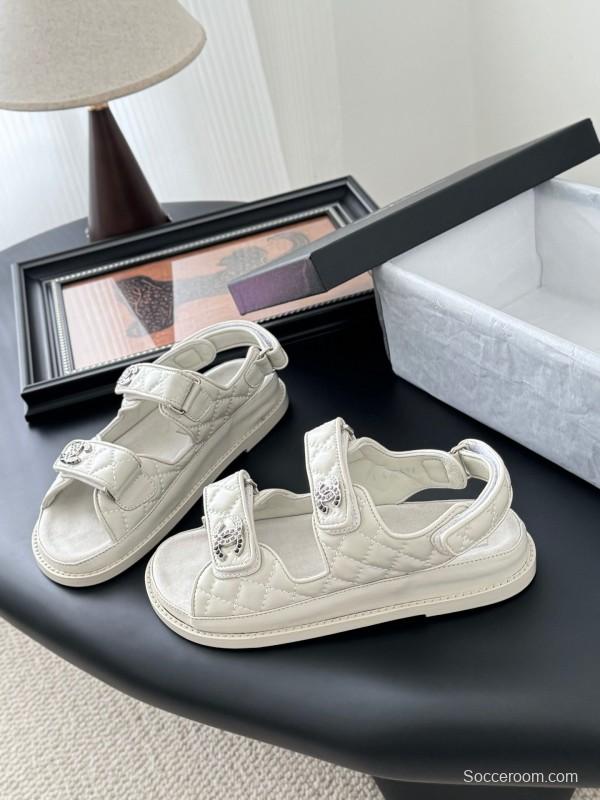 2025 Women Chanel White Leather Sandals LY00320