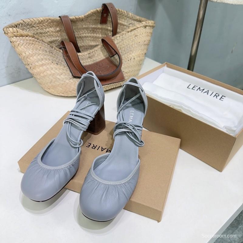 2025 Women LEMAIRE Grey Leather Mary Jane Block Heel KFY00300