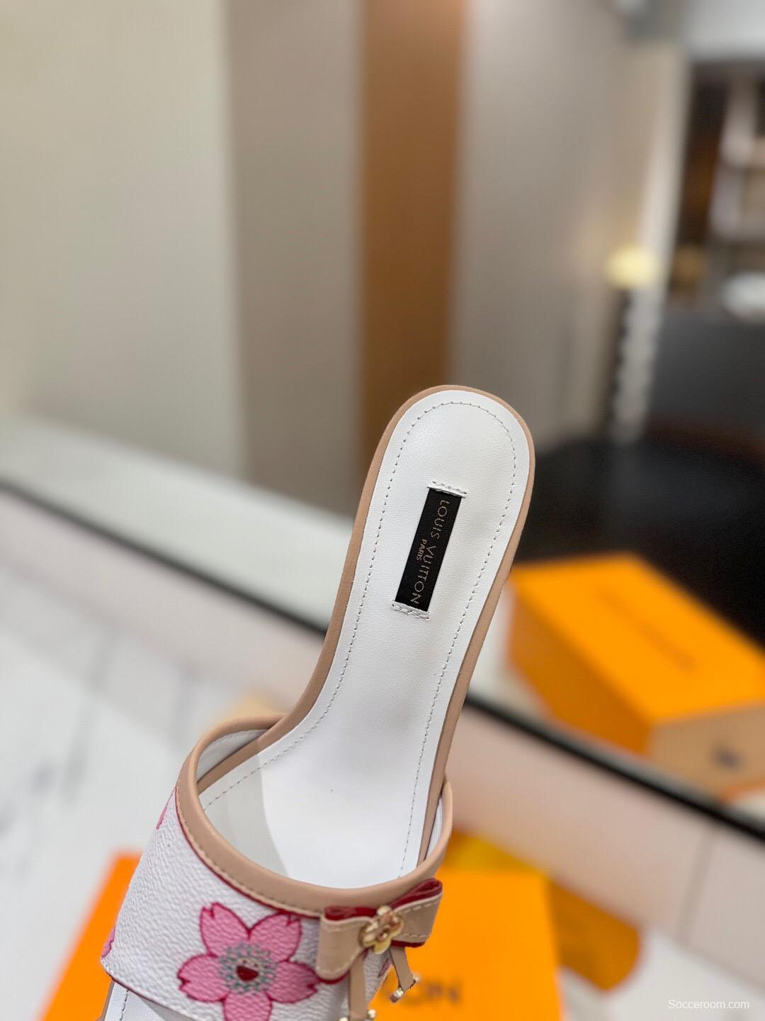 2025 Women LV White Pink Leather Floral Sandals