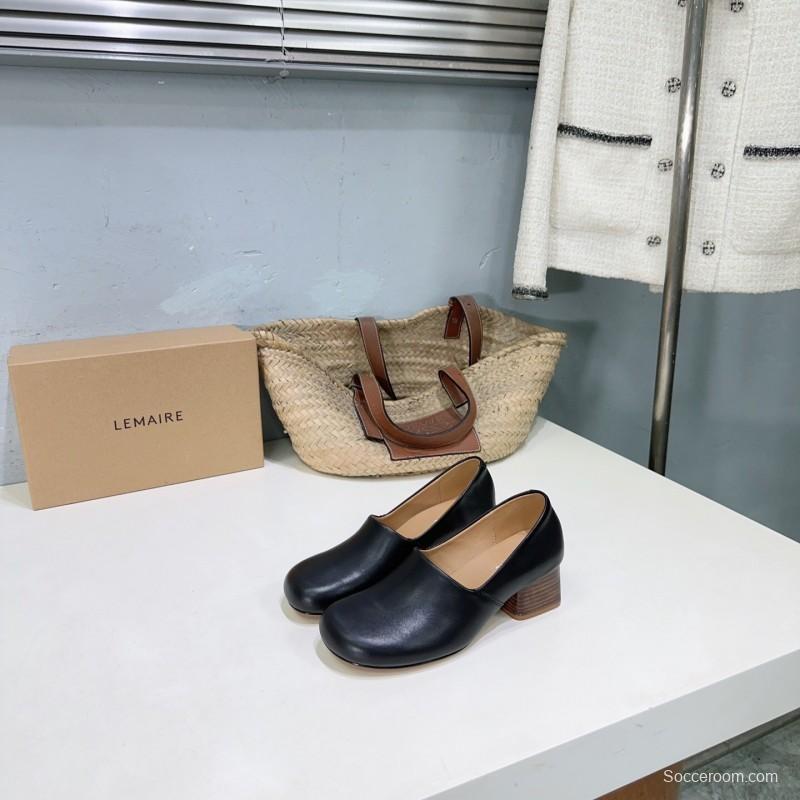 2025 Women LEMAIRE Black Leather Block Heel Shoes