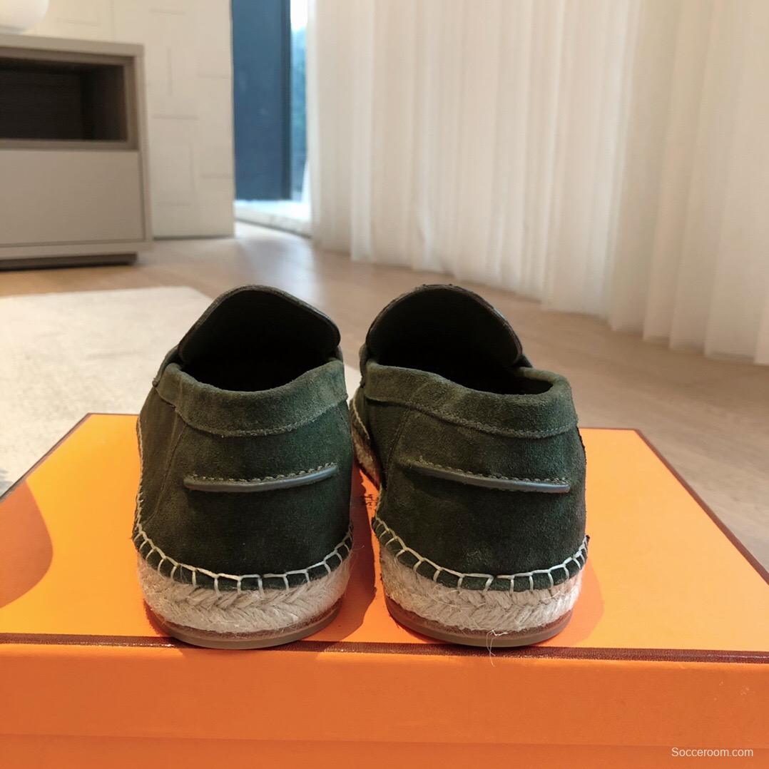 2025 Unisex Hermès Dark Green Suede Leather Loafers AS00380