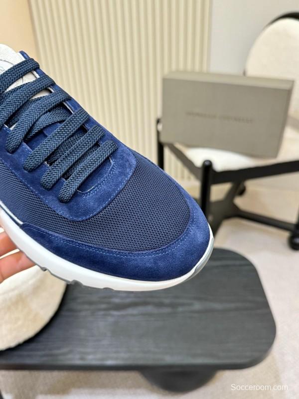 2025 Men Brunello Cucinelli Navy White Brown Calfskin Leather Sneakers AS00320