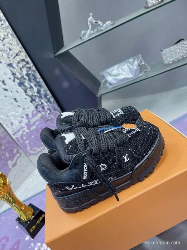 2025 Women Louis Vuitton Black Crystal Trainer Leather Plimsolls Bing Bing AS00420