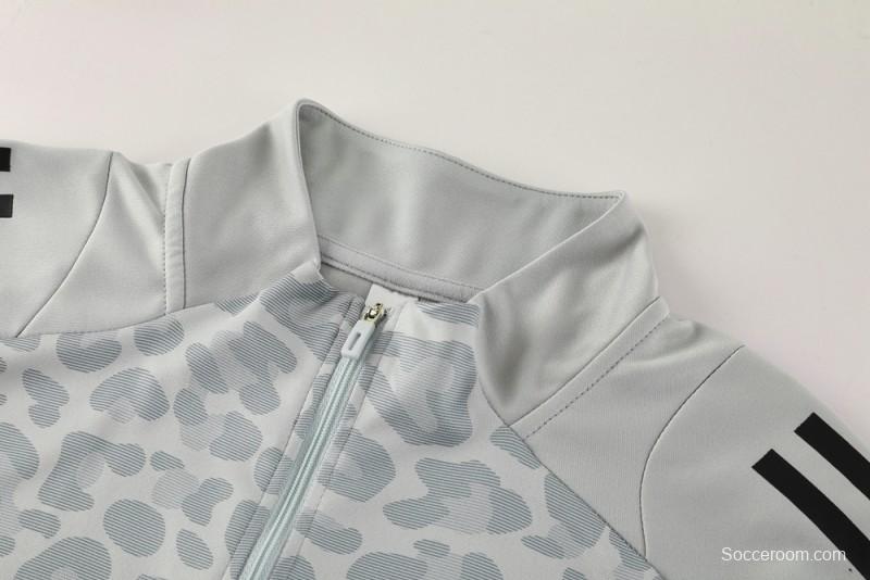 2025 Adidas Light Grey & Black with Leopard Print Pattern Half Zipper Jacket +Long Pants