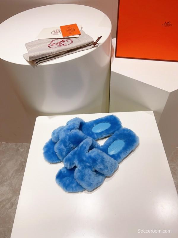 Hermès Teddy Wool H Slippers Flat Sole Fur Slides - LY00240