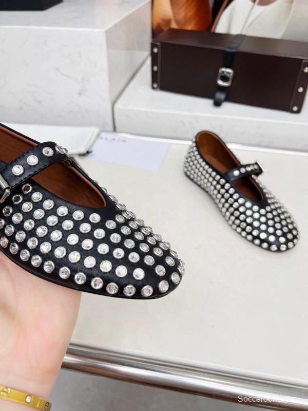 Alaia 2025/SS Crystal Embellished Ballet Dance Shoes with 0.8CM Inner Height - LY00340