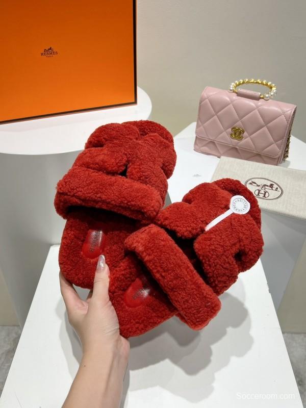 H Love Erjiu Full Wool Slippers with Wavy Fur Design - LY00270