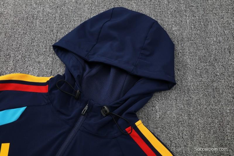 26/27  Spain Navy Blue & Light Blue Full Zipper Hooded Jacket Tracksuit + Long Pants