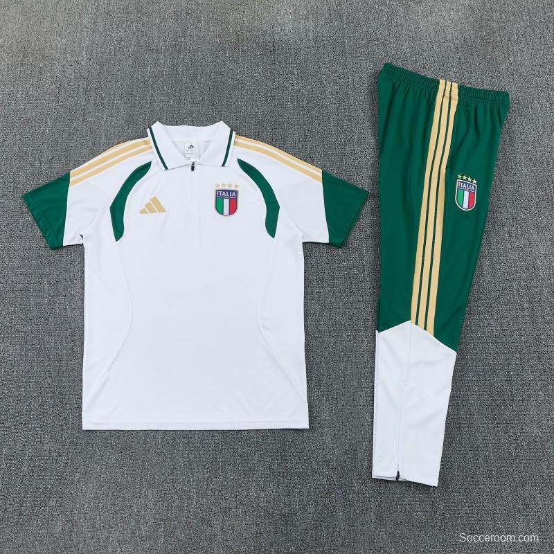2026 Italy White & Green Half-Zip Polo Short Sleeve Tracksuit + Long Pants