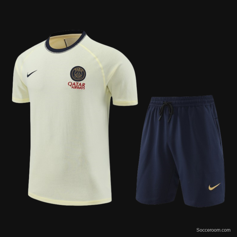 23/24 PSG Light Yellow Cotton Short Sleeve Jersey+Shorts