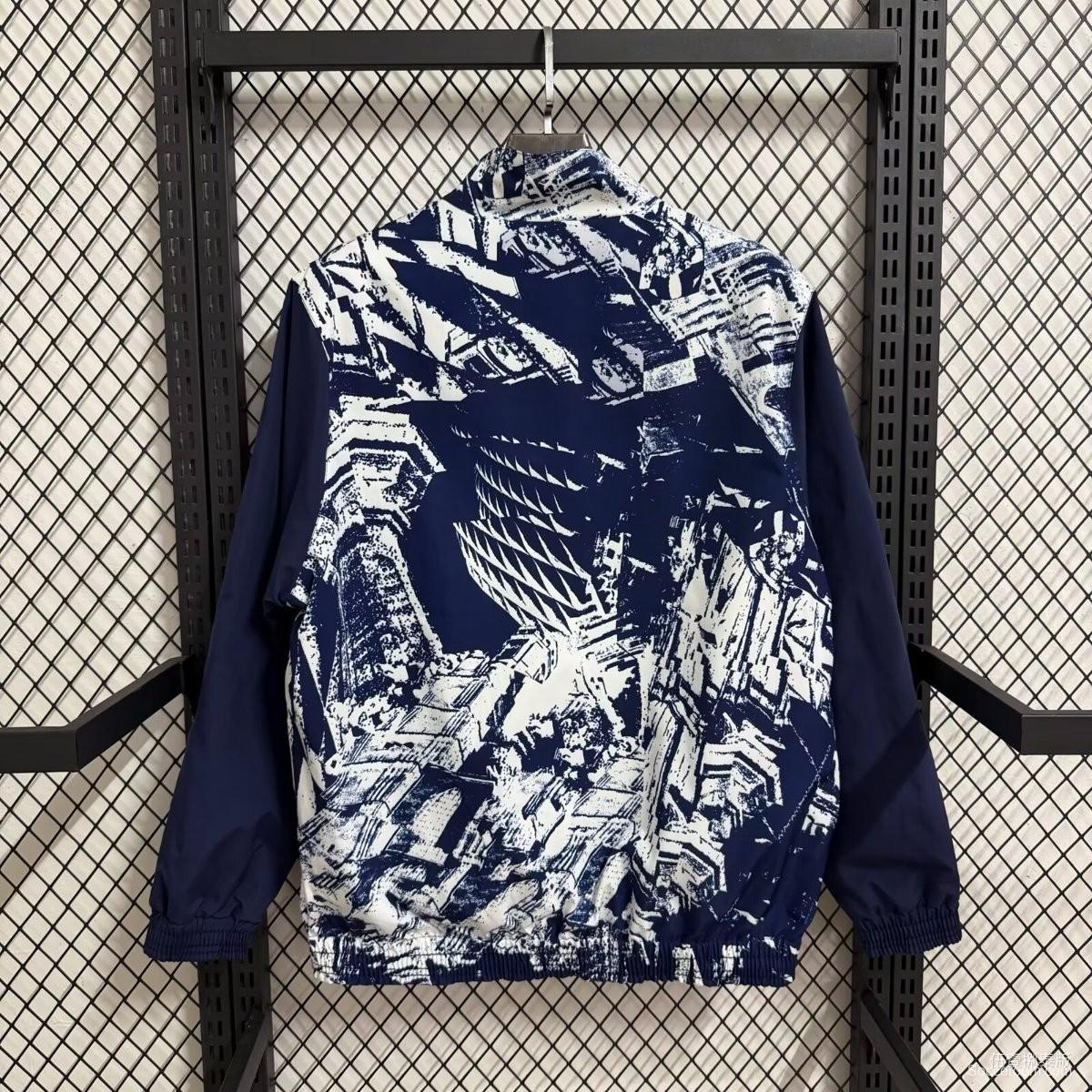 25/26 Bayern Munich Navy Blue with White Abstract Graffiti Pattern Full Zipper Windbreaker